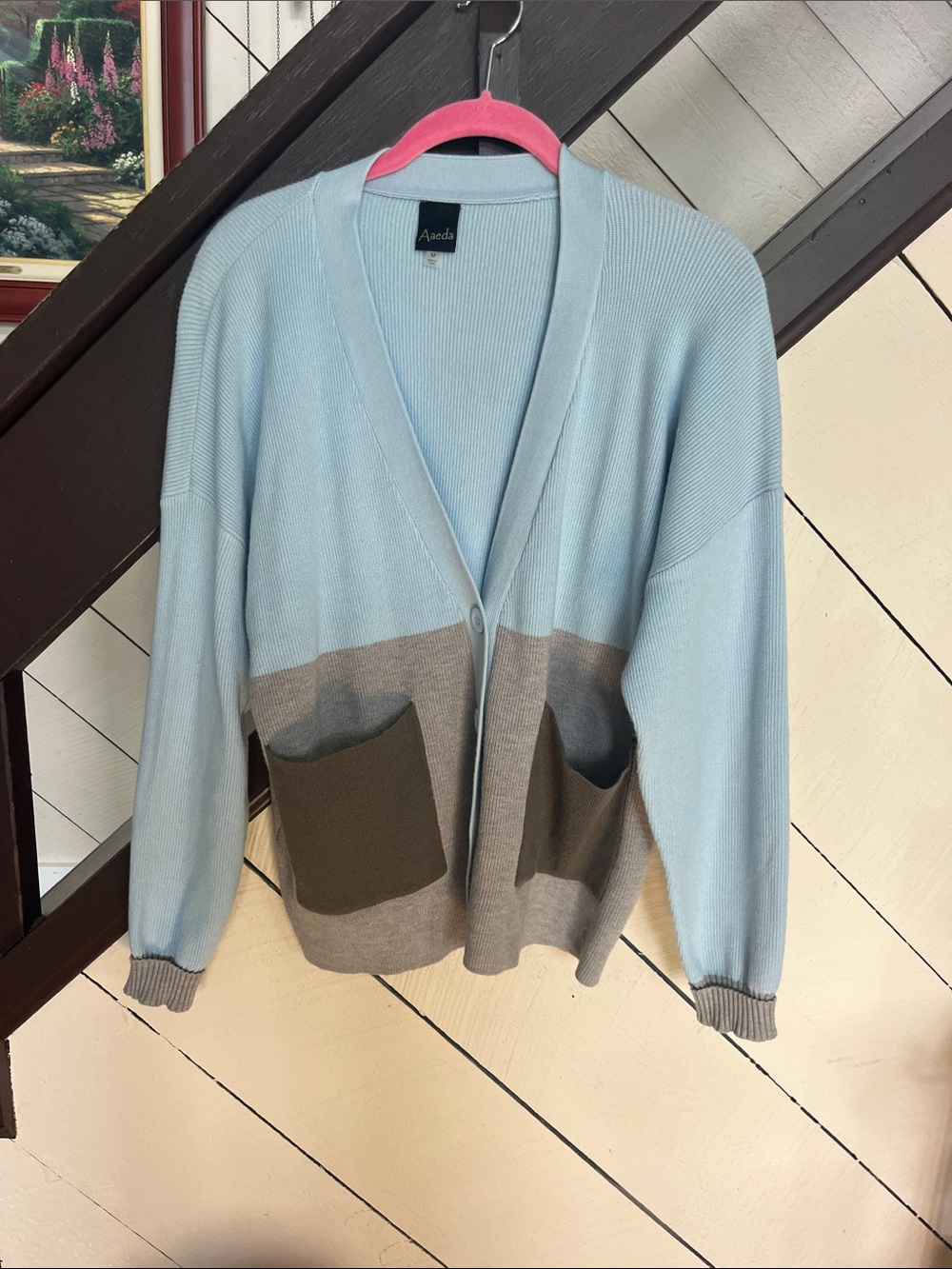 AVEDA Pale Blue Colorblock Cardigan with Taupe and Olive Pockets